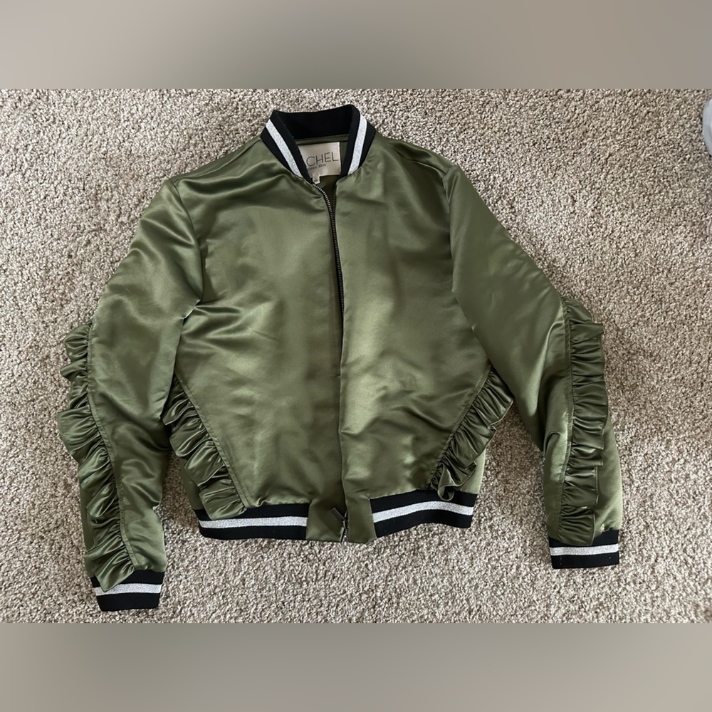 RACHEL Rachel Roy Olive Satin Bomber Jacket with Striped Trim small